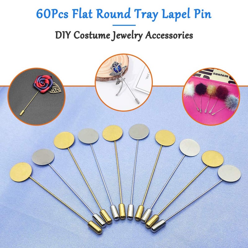 Oubaka 60Pcs Flat Round Tray Lapel Pin,Stainless Steel Safety Pins Stick Pins Brooch Pin Needle Suit Tie Hat pin Scarf Badge for DIY Costume Jewelry Making Accessories - Image 2